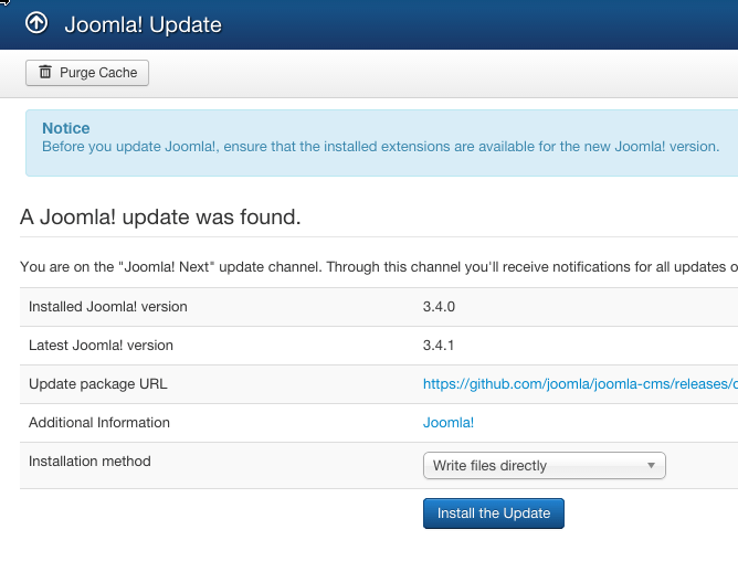 ระบบจะพามาหน้า Joomla Update และมีข้อมูลการอัพเดตตามด้านล่าง หากไม่มีให้ คลิ๊ก Purge Cache หากพร้อมแล้วให้คลิ๊ก Install The Update ได้เลย