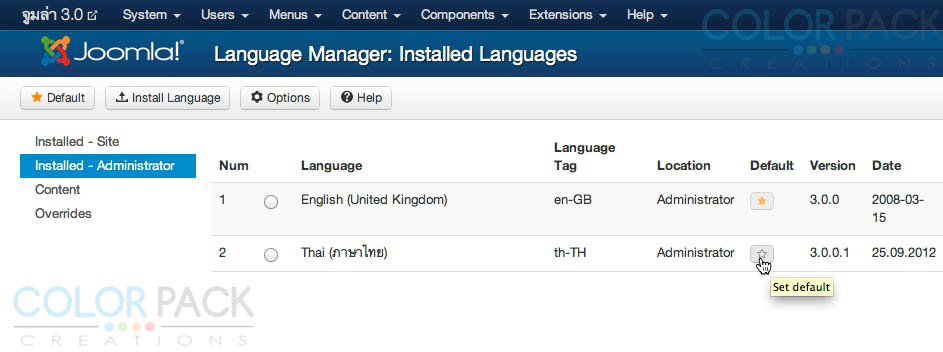 joomla 3.0 Stable เลือกภาษาไทย ให้เป็น ภาษาหลักของส่วนผู้ดูแล